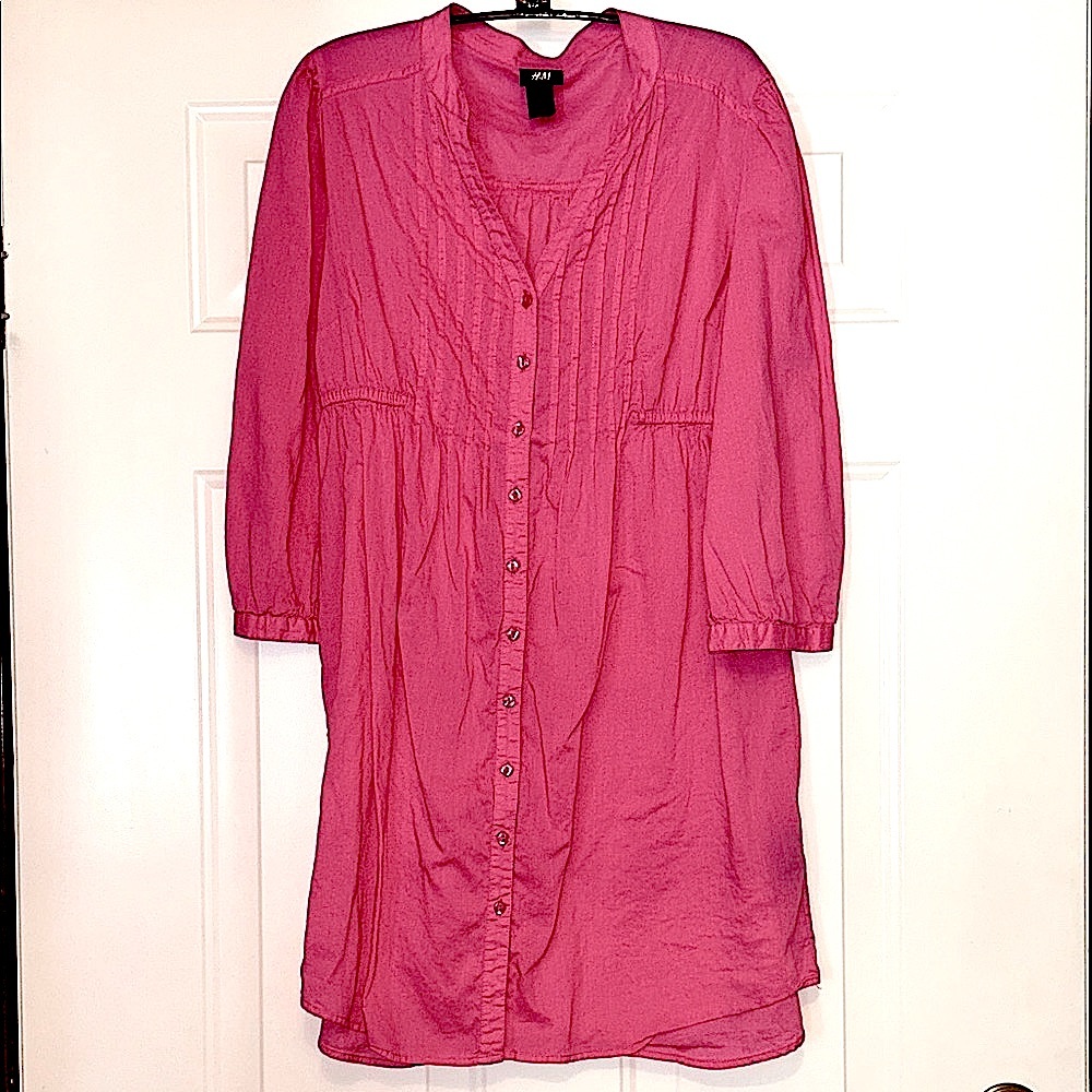 H&M Women's Button Up Tunic Dress Top 12 Pink Lightweight Cotton Barbie Casual